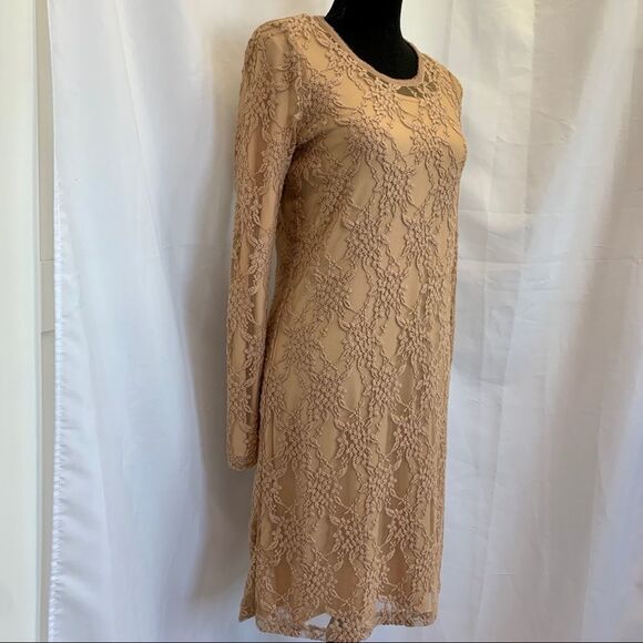 Nissa beige lace overlay stretchy long sleeve dress size US 8 - Picture 3 of 11